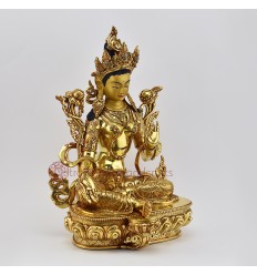 Buddhist Hand Made Copper Alloy with Gold Gilded 14" Green Tara / Dholma Statue