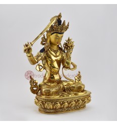 Buddhist Hand Made Copper Alloy with Gold Gilded 14" Manjushri/Jambiyang Statue