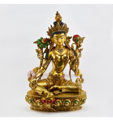 Tibetan Buddhist Hand Made Copper Alloy with 24 Karat Gold Gilded 14.5" Green Tara / Dholma Statue