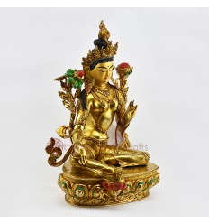 Tibetan Buddhist Hand Made Copper Alloy with 24 Karat Gold Gilded 14.5" Green Tara / Dholma Statue