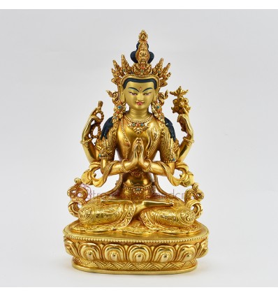 Four-armed Gold Gilded and Hand Painted Face 9"avalokiteshvara /Chenrezig Statue