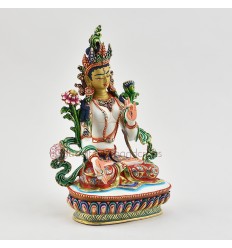 Hand Painted Copper Alloy with 24 Karat Gold Gilded 9" White Tara Dolkar Statue