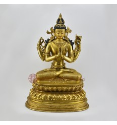 Hand Carved 15.5" Chenrezig Copper Gold Gilded with Antique Finish Statue Patan