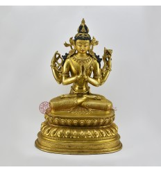 Fine Quality Hand Carved 15.5" Chenrezig Copper Gold Gilded with Antique Finish Statue Patan