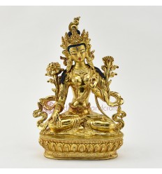 Fine Quality Gold Gilded Hand Carved 8.5" White Tara / Dolkar Copper Face Painted Statue From Patan Nepal