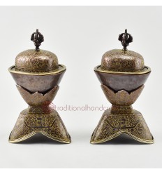 7” Tibetan Buddhist Copper Oxidized Kapala Set Gild With 24 K Gold