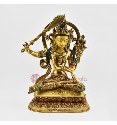 Hand Made Copper Alloy with Gold Gilded 12" Manjushri / Jambiyang Statue