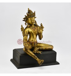 Hand Made Wooden Base 12" Green Tara / Drolma Copper Alloy Gold Gilded Statue