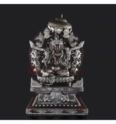 Oxidized Copper Alloy with Silver Plating 26.5" Green Tara on Throne Sculpture