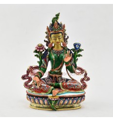 Hand Painted Copper Alloy with 24 Karat Gold Gilded 9" Green Tara Dholma Statue