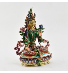 Hand Painted Copper Alloy with 24 Karat Gold Gilded 9" Green Tara Dholma Statue