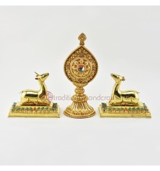 Hand Carved Gold Gilded Copper Alloy 9" Dharma Wheel & Pair of Deer