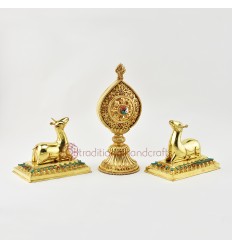 Hand Carved Gold Gilded Copper Alloy 9" Dharma Wheel & Pair of Deer