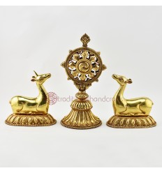 Hand Carved Gold Gilded Copper Alloy 11" Dharma Wheel & Pair of Deer