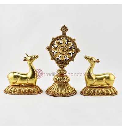 Hand Carved Gold Gilded Copper Alloy 11" Dharma Wheel & Pair of Deer