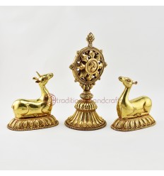 Hand Carved Gold Gilded Copper Alloy 11" Dharma Wheel & Pair of Deer