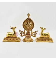 Hand Carved Gold Gilded Copper Alloy 9.25" Dharma Wheel & Pair of Deer