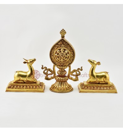 Hand Carved Gold Gilded Copper Alloy 9.25" Dharma Wheel & Pair of Deer