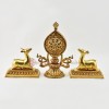Hand Carved Gold Gilded Copper Alloy 9.25" Dharma Wheel & Pair of Deer