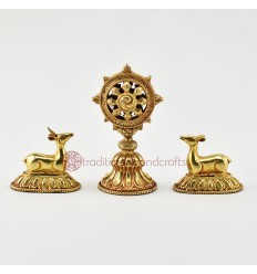 Hand Carved Gold Gilded Copper Alloy 4" Dharma Wheel & Pair of Deer