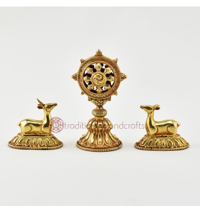 Hand Carved Gold Gilded Copper Alloy 4" Dharma Wheel & Pair of Deer