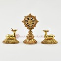 Hand Carved Gold Gilded Copper Alloy 4" Dharma Wheel & Pair of Deer