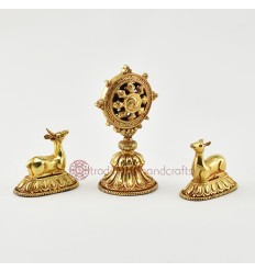 Hand Carved Gold Gilded Copper Alloy 4" Dharma Wheel & Pair of Deer