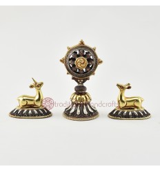 Hand Carved Gold Gilded and Silver Plated 4" Dharma Wheel & Pair of Deer