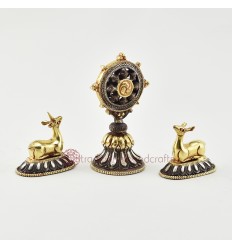 Hand Carved Gold Gilded and Silver Plated 4" Dharma Wheel & Pair of Deer
