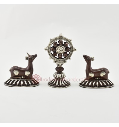 Silver Plated Copper Alloy in Oxidation Finish 5" Dharma Wheel and Pair of Deer