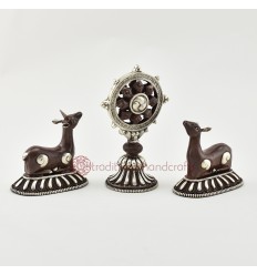 Silver Plated Copper Alloy in Oxidation Finish 5" Dharma Wheel and Pair of Deer