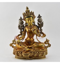Gold Gilded with Silver Flowers and Hand Painted Face Green Tara statue