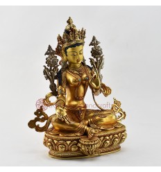 Gold Gilded with Silver Flowers and Hand Painted Face Green Tara statue
