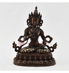 Hand Carved Vajrasattva Statue in Oxidation and Decorated with Silver Plates