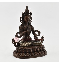 Hand Carved Vajrasattva Statue in Oxidation and Decorated with Silver Plates
