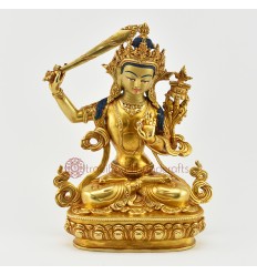 Tibetan Buddhist Hand Made Gold Gilded 9.5" Manjushri / Jambiyang Statue