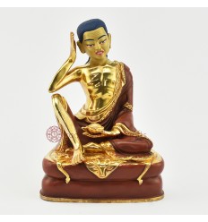 Finely Hand Made Partly Gold Gilded with Face Painted 7" Guru Milarepa Copper Statue