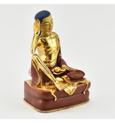 Finely Hand Made Partly Gold Gilded with Face Painted 7" Guru Milarepa Copper Statue