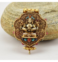 Hand Carved Tibetan Buddhist Sacred Ritual Sterling Gold Plated Silver Chenrezig & Green Tara Ghau
