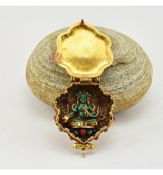 Hand Carved Tibetan Buddhist Sacred Ritual Sterling Gold Plated Silver Chenrezig & Green Tara Ghau