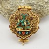 Hand Crafted Tibetan Buddhist Sacred Ritual Sterling Gold Plated Silver Green Tara & Chenrezig Ghau / Pendant / Prayer Box