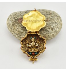 Hand Crafted Tibetan Buddhist Sacred Ritual Sterling Gold Plated Silver Green Tara & Chenrezig Ghau / Pendant / Prayer Box