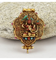  Hand Carved Tibetan Buddhist Sacred Ritual Sterling Gold Plated Silver Manjushri & Chenrezig Ghau / Pendant / Prayer Box