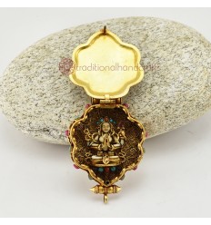  Hand Carved Tibetan Buddhist Sacred Ritual Sterling Gold Plated Silver Manjushri & Chenrezig Ghau / Pendant / Prayer Box