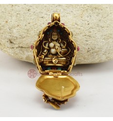 Hand Made Tibetan Ritual Buddhist Sacred Gold Plated Silver Manjushri & White Tara Ghau / Pendant / Prayer Box