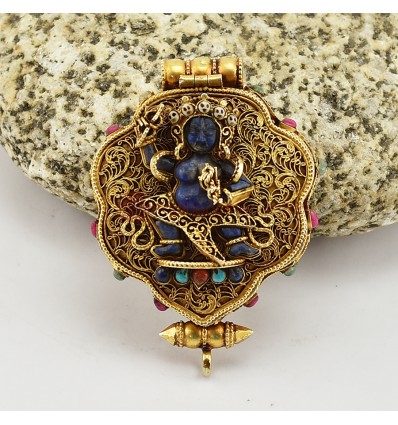 ibetan Ritual Buddhist Sacred Gold Plated Silver Vajrapani & Green Tara Ghau / Pendant / Prayer Box