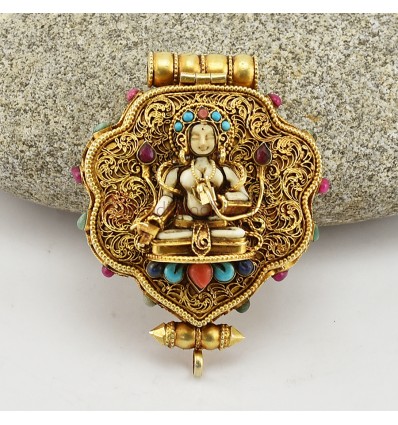  Tibetan Ritual Buddhist Sacred Gold Plated Silver White Tara & Chenrezig Ghau / Pendant / Prayer Box