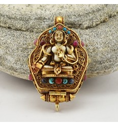  Tibetan Ritual Buddhist Sacred Gold Plated Silver White Tara & Chenrezig Ghau / Pendant / Prayer Box