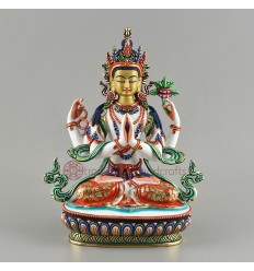 Hand Painted Copper Alloy with 24 Karat Gold Gilded 9" Chenrezig Four Armed Avalokiteshvara Statue