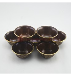Hand Made Copper Alloy in Oxidation Finish with 24 Karat Gold Gilded 7 Bowls 4" Offering Bowls - Tings Set